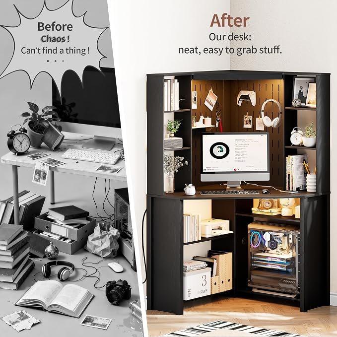 HNEBC Home Office Desk with Pull-Out LED,L-Shaped Corner Desk with Pull-Out LED Lights & Chariging Station,Computer Desk with Hutch & 10 Shelves,Pegboards for Work & Study,Black - Image 6
