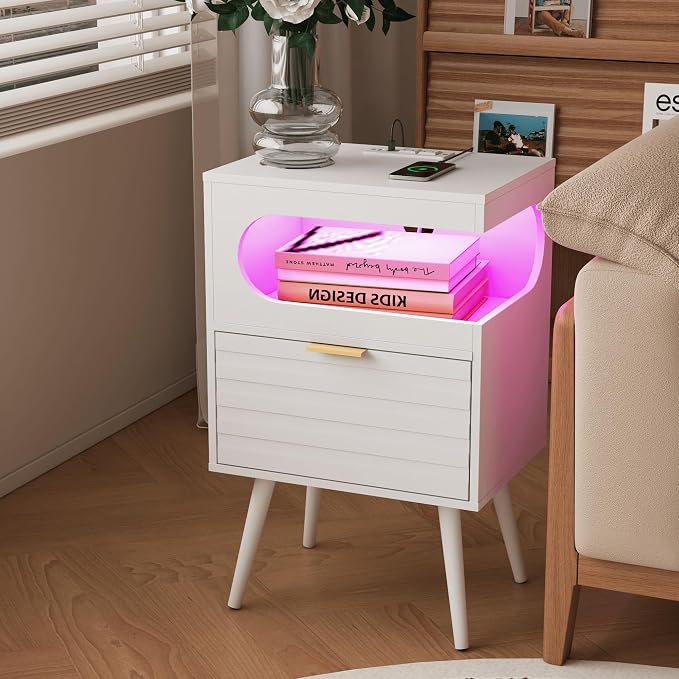 Veegle Nightstand,Modern Bedside Table with Storage Drawer and Open Wood Shelf, Accent Night Stand with Solid Wood Legs for Living Room, Bedroom and Small Spaces,Easy Assembly (White-1) - Image 9
