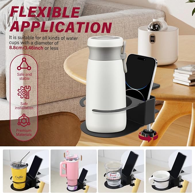 Desk Cup Holder for Coffee Mugs, Tumblers, Water Bottles with Mobile Phone Stand, Anti-Spill Metal School Home Office Accessories (Black-1) - Image 4