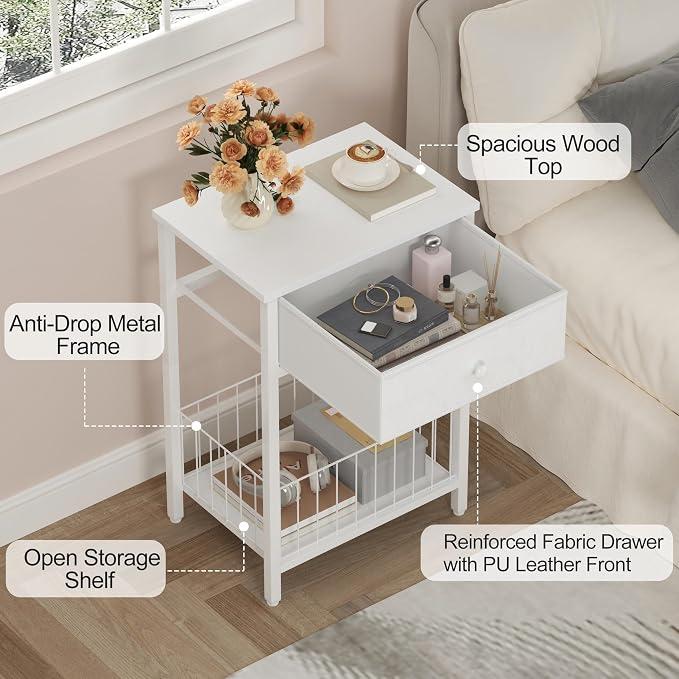 White Small nightstand, White Nightstand, Side Table for Small Spaces, 2 Tiers Storage Shelves End Table, Night Stand for Living Room, Bedroom, Dorm LNT0061W2 - Image 4