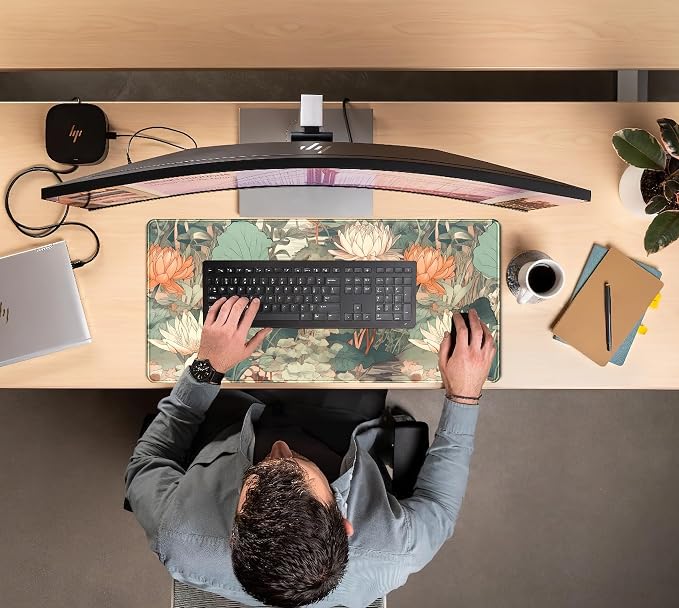 Light Emerald and Orange Floral Desk Mat, XXL Large Extended Mouse Pad Gaming Desk Pad, Aesthetic Asian Lotus Flower Big Laptop Keyboard and Mouse Mat for Women Desktop Office Decor 31.5x15.7 in - Image 7