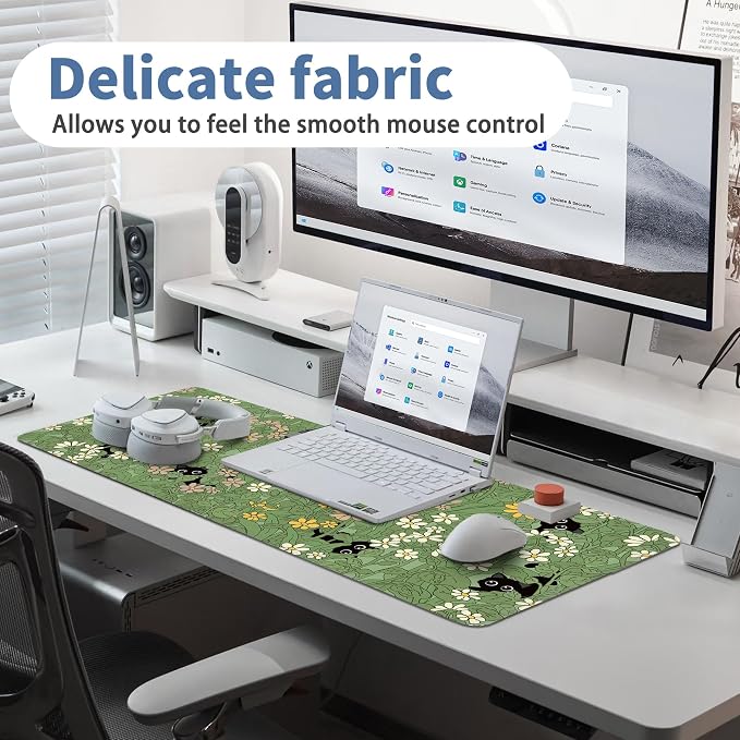 Cute Cat Mouse Pad Large Green Desk Mat Extended Keyboard Mouse Pad Kawaii Mousepad with Non-Slip Base and Stitched Edge Plant Mouse Mat Desk Pad 31.5 x 11.8 in Mouse Pads for Decor Home Office Gaming - Image 5