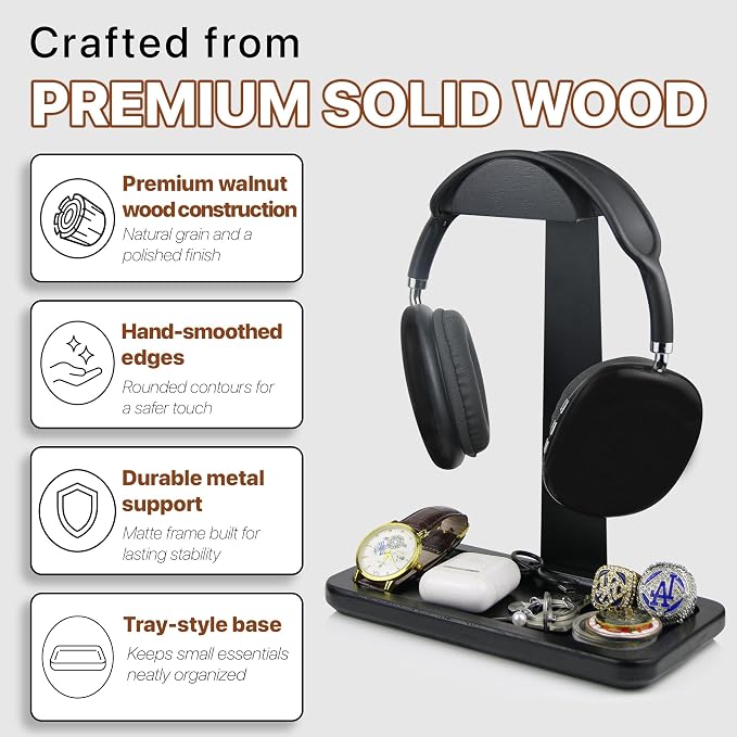 Gift for Men Headphone Stand with Storage Base, Stylish Headset Holder Gamer Gifts for Gaming & Desk to Keep Accessories Organized, Unique Gifts for Teenage Boy Brother on Birthday (Black Wood) - Image 4