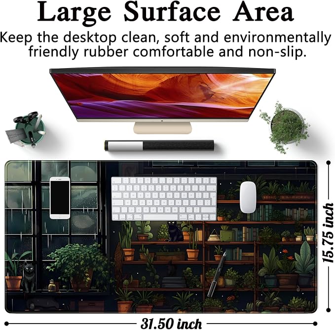 Lofi Cat Desk Mat Dark Green Plant Books Desk Pad Black Cat Aesthetic Anime Big Mouse Pad Large Gaming Mousepad XL Cool Keyboard Pad Deskmat Laptop Computer Mouse Mat 31.5X 15.7in - Image 6