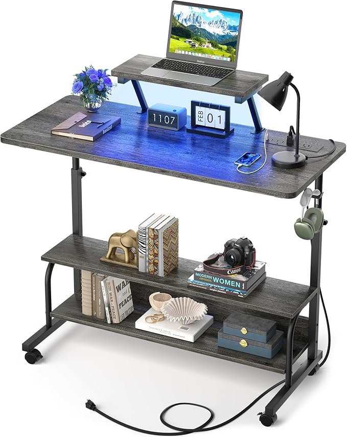 Height Adjustable Standing Desk with Power Outlets and LED Lights - 39" Manual Stand Up Desk with Monitor Stand and Storage Shelves Small Mobile Rolling Computer Desk Portable Laptop Table, Grey Oak by Besiost