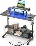 Height Adjustable Standing Desk with Power Outlets and LED Lights - 39" Manual Stand Up Desk with Monitor Stand and Storage Shelves Small Mobile Rolling Computer Desk Portable Laptop Table, Grey Oak by Besiost