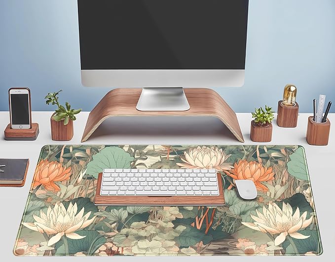 Light Emerald and Orange Floral Desk Mat, XXL Large Extended Mouse Pad Gaming Desk Pad, Aesthetic Asian Lotus Flower Big Laptop Keyboard and Mouse Mat for Women Desktop Office Decor 31.5x15.7 in - Image 5