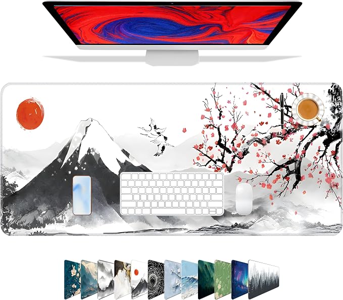 Galdas Mouse Pad for Gaming, Japanese Desk Mat,XXL XL Large Mouse Mat Long Extended Mousepad Non-Slip Rubber Mice Pads Stitched Edges Thin (31.5 x 11.8 x 0.12 Inches) Ink and Wash by Galdas
