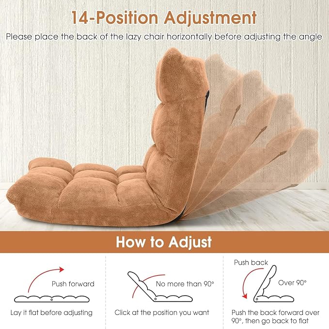 14-Position Lazy Sofa Chair with Soft Coral Fleece, Folding Gaming Chair, Couch Recliner, Floor Seat for Reading, Meditating, Yoga (Tan) - Image 7