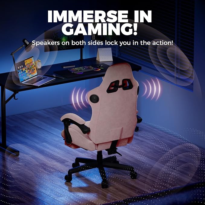 GTPLAYER ACE-PRO Music Gaming Chairs – Built-in Speakers, App Support & Bluetooth Control, Computer Game Chairs with Footrest for Adults, Ergonomic Reclining Silla, Linkage Armrest, Pink 【Velvet】 - Image 4
