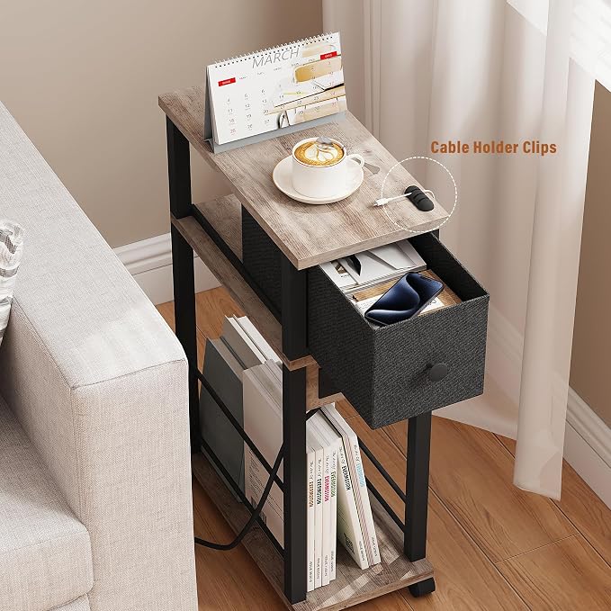 Slim Nightstand Set of 2, Narrow Side Table with Charging Station & Drawer - Image 4