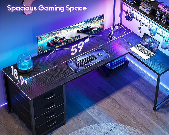 AODK 59" L Shaped Gaming Desk with Hutch, 4 Drawers, LED Lights, Black | Power Outlets, USB Ports, Grid Pegboard, Hutch Shelves, Reversible Layout for Bedrooms, Dorms, Study Rooms and Gaming Areas - Image 6