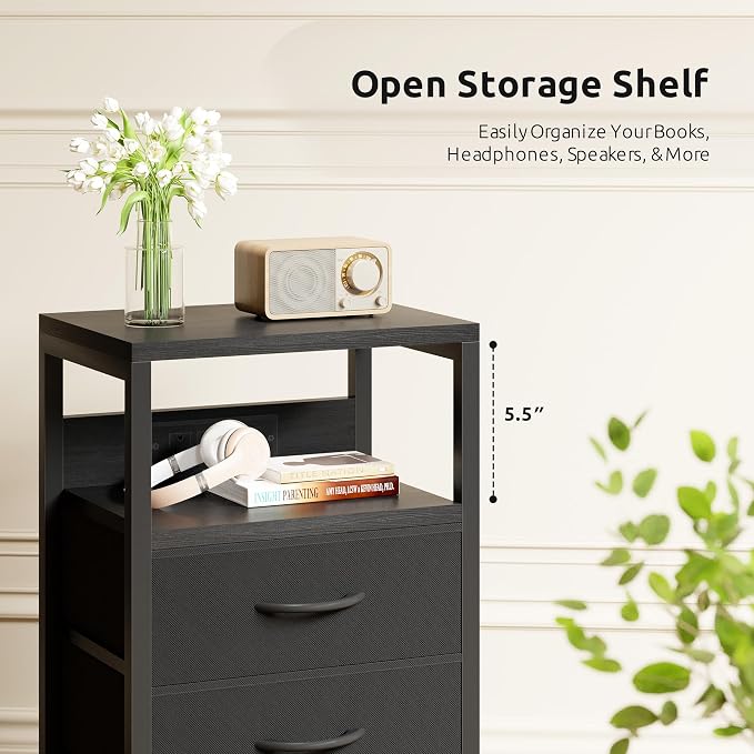 Lazzanto Night Stand with Charger Station, 3 Fabric Drawers, Black - Image 7