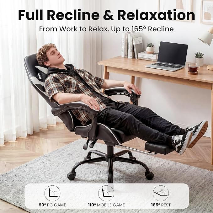Gaming Chair, Ergonomic Footrest, Lumbar & Headrest(Black White) | Steel frame, PVC leather & memory foam; 330 lb; 21" seat; 360° swivel, 90–155° recline; easy assembly; gaming & work - Image 4