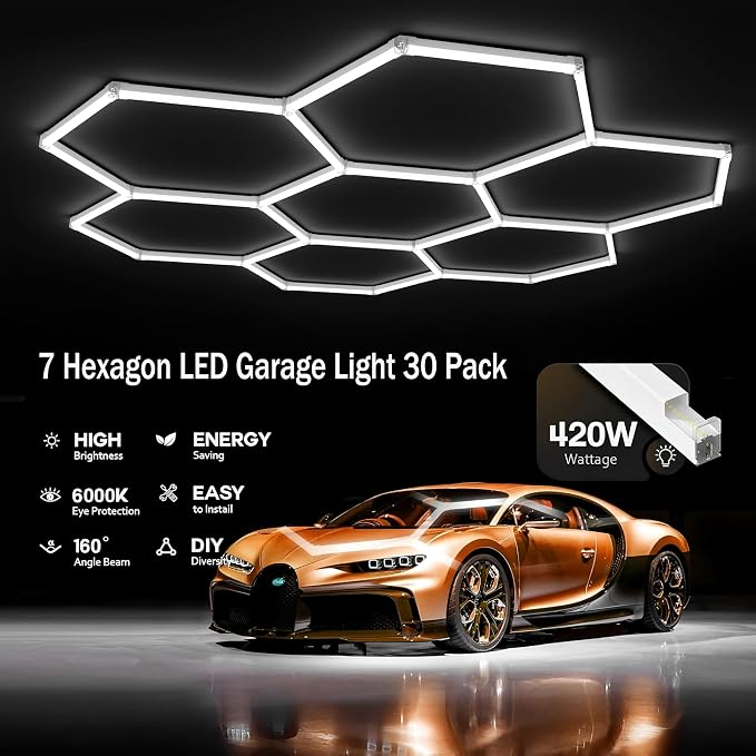 31Lights LED Hexagon Honeycomb Lights,7-Hex Honeycomb Lights 38800Lumens Hexagon DIY Super Bright Garage Light Car Detailing Ceiling 388W LED Shop Light for Warehouse Workshop Gym Basement - Image 3