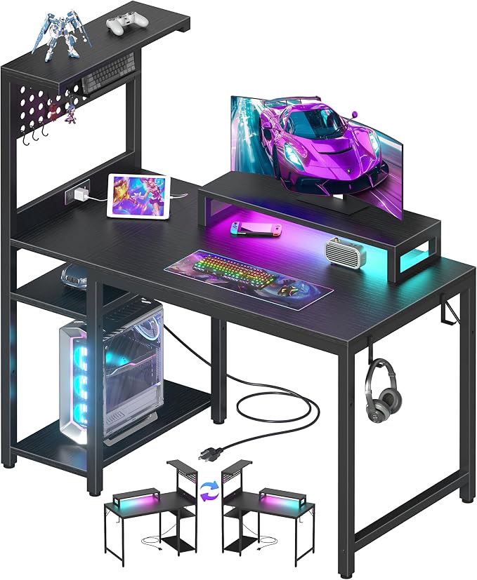 40 inch Small Gaming Desk with Pegboard Shelves Computer Desks with Led Lights Power Outlets PC Monitor Stand Reversible Storage Shelf Table for Bedroom Small Space, Black by Unknown