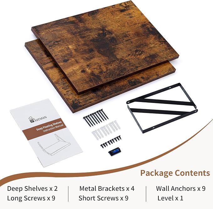 Axeman Deep Floating Shelves for Wall, 16W x 12D Rustic Wood Wall Shelves Set of 2, 12 Inch Deep Large Floating Shelves for Decor & Storage, Hanging Shelves for Farmhouse Kitchen Bathroom Bedroom - Image 6