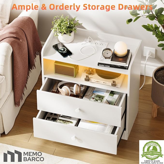 Memobarco 2 Pack Nightstand with Charging Station and LED Light, Modern Nightstand with USB Ports and Outlets, Wood Bedside Table with 2 Storage Drawers, Small Dresser for Bedroom Small Space, White - Image 6