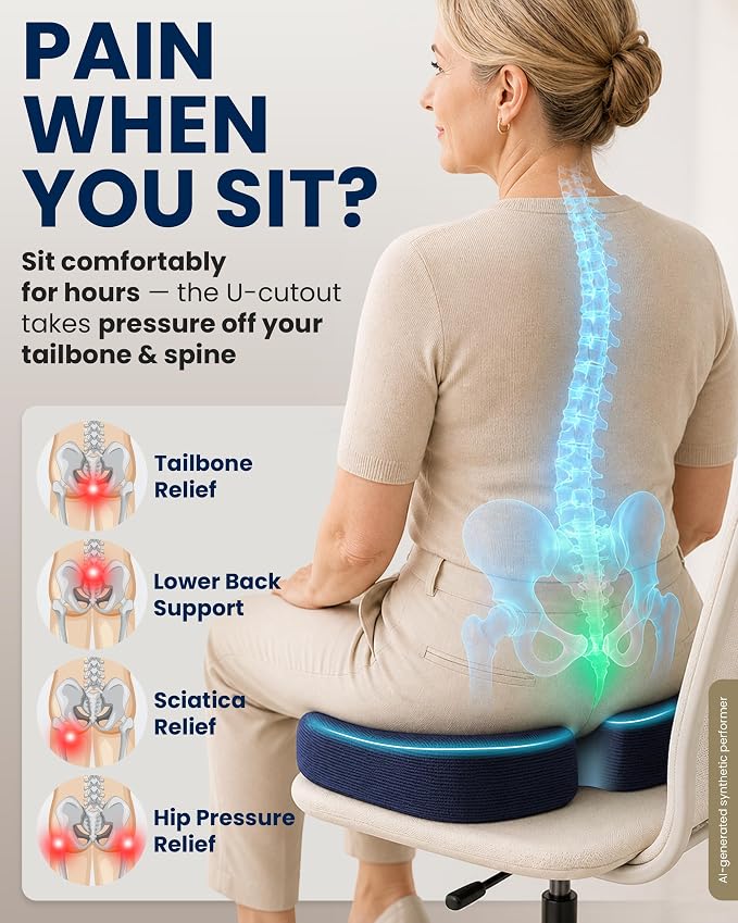 5 STARS UNITED Seat Cushion - Memory Foam Chair Cushion for Tailbone Pain Relief - Ergonomic Support for Coccyx, Sciatica & Butt - Office, Desk & Gaming Chair, Car Seat, Wheelchair, Airplane, Blue - Image 2