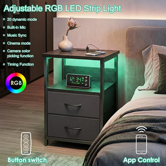 Fixwal Night Stand with Charging Station, Black Led Nightstand, 2 Drawers - Image 5