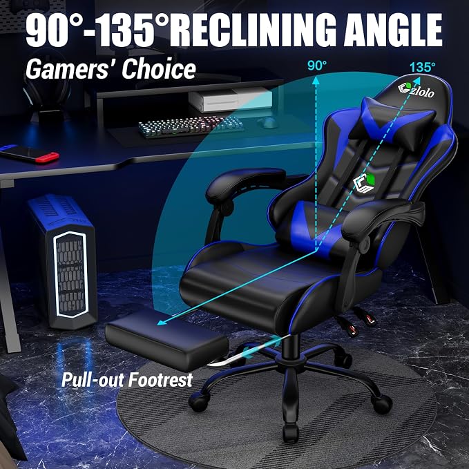 Czlolo Gaming Chair with Footrest Racing Style Lumbar Support Massager Video Game Chair with Metal Legs, High Back Reclining Gamer Chair with Headrest, 360° Swivel Office Computer Desk Chair (Blue) - Image 5