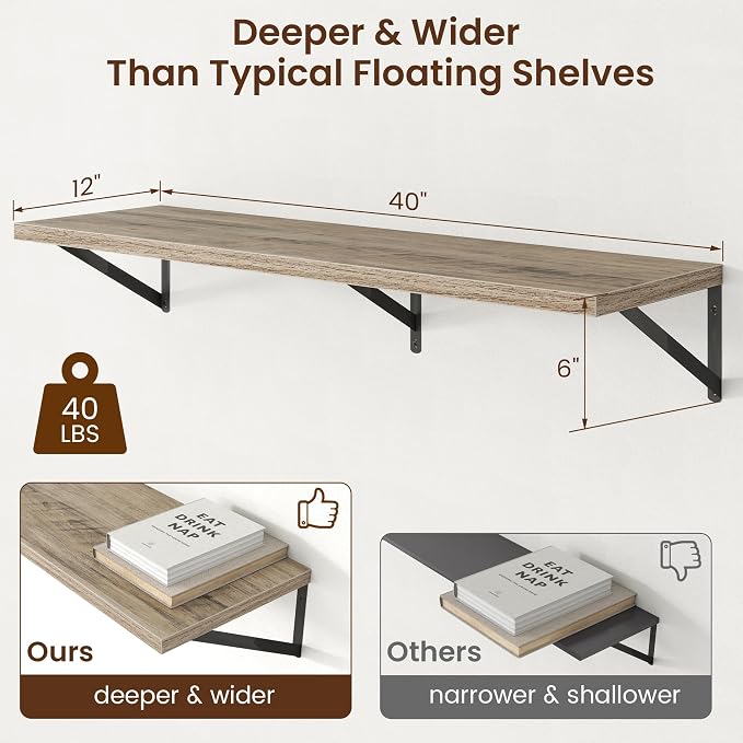 Axeman Deep Floating Shelves - 40 Inch Floating Shelves Set of 2-12 Inch Deep Grey Wood Wall Shelves for Living Room Bathroom Kitchen - Image 3