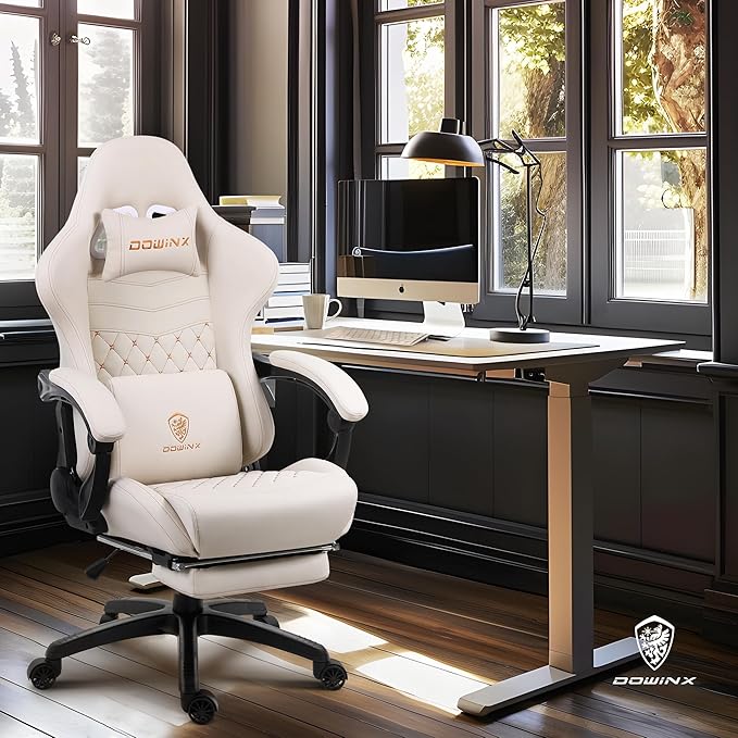 Dowinx Big & Tall Vintage Gaming Chair for Adults, 400 lb Capacity Heavy Duty Ergonomic Computer Chair with Massage Lumbar, Footrest & Easy Side Recline, Ivory Beige - Image 2