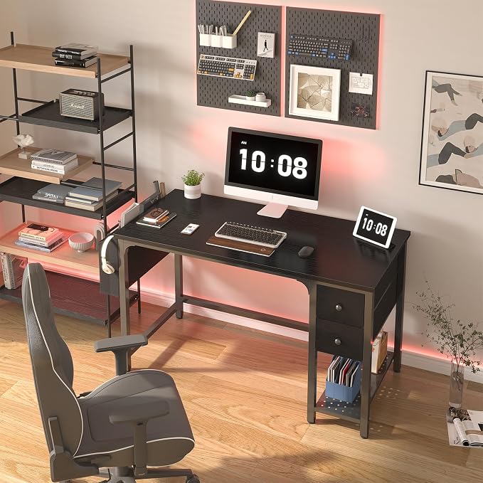 Lufeiya Gaming Desk with Fabric Drawers, 47 Inch Computer Desk for Home Office, Modern Simple Study Writing Table PC Desks for Bedroom, Black - Image 2