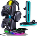 Headphone Stand, Dual Controller Holder, MagSafe Charger for iPhone/iWatch | RGB Gaming Headset Stand for All Headphones, Dual Outputs, ABS Solid Base, Adapter Included, Table Desk Organizer by HIWE