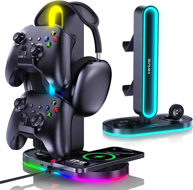 Headphone Stand, Dual Controller Holder, MagSafe Charger for iPhone/iWatch | RGB Gaming Headset Stand for All Headphones, Dual Outputs, ABS Solid Base, Adapter Included, Table Desk Organizer by HIWE