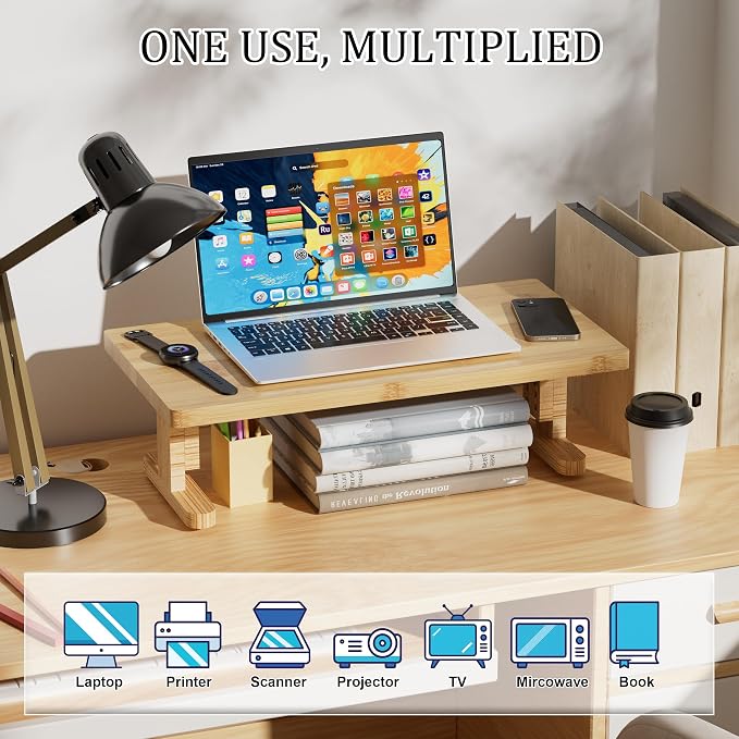 Bamboo Monitor Stand Riser for Desk with 4-Level Height Adjustment | Ergonomic Computer Riser, Desktop Organizer Shelf, Sturdy 100 lbs Support, Height Adjustable Laptop Stand, Warp-Proof, Large - Image 8