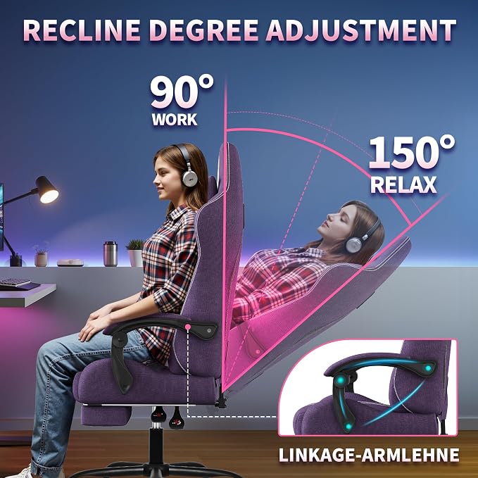 SITMOD Fabric Gaming Chair with Footrest-Breathable Computer Chair with Headrest & Lumbar Pillow,Big and Tall Ergonomic Gamer Chair for Heavy Adults,22.44" Deep Seat Gaming Chairs for Adults(Purple) - Image 7
