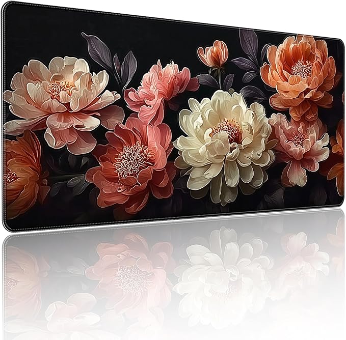 Extended Mouse Pad, Elegant Peony Floral Design, 35.4 x 15.7 Inch, Microfiber Surface, Non-Slip Base, Waterproof, Black with Coral and Cream Flowers by YUANSM