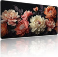 Extended Mouse Pad, Elegant Peony Floral Design, 35.4 x 15.7 Inch, Microfiber Surface, Non-Slip Base, Waterproof, Black with Coral and Cream Flowers by YUANSM
