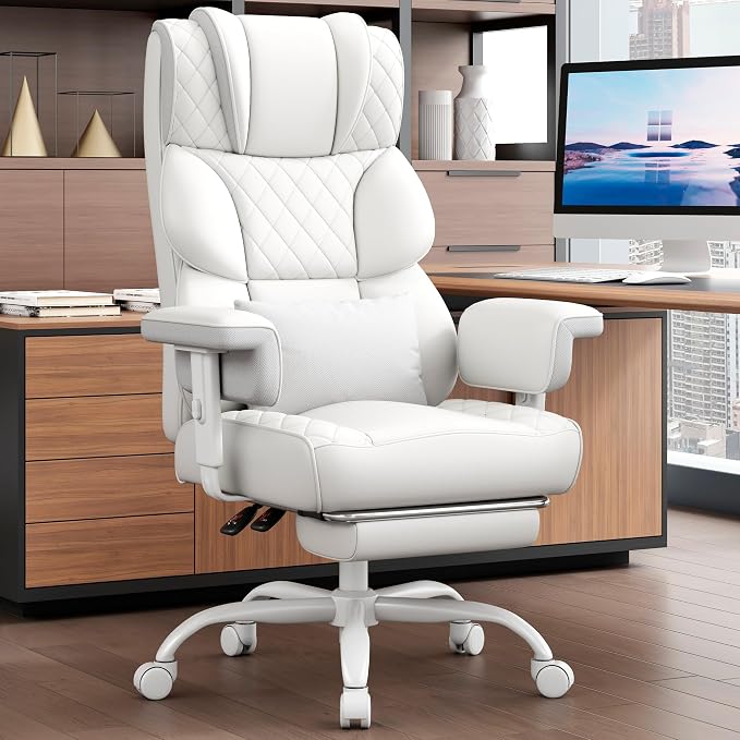Vonesse Office Chair, Desk Chair with Soft Adjustable Armrests, Ergonomic High Back Gaming Chair with Lumbar Support, Executive Computer Chairs with Footrest (PU Leather,White) by Vonesse
