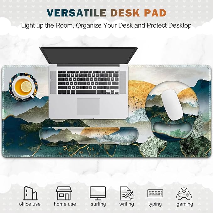 Gaming Mouse Pad, Large Desk Mat, Cute Desk Pad Protector, 4in1 XXL Mousepad +Keyboard Wrist Rest+Mouse Wrist Rest+Coaster Set with Ergonomic Desk Pad for Home Office Table Computer Green Mountain - Image 8