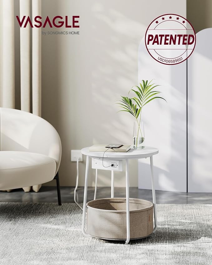 VASAGLE Side Table with Charging Station,Fabric Basket, Round End Table - Image 3