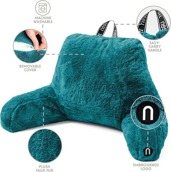 Nestl Fur Reading Pillow, Stylish Back Pillow for Bed Sitting Up, Faux Fur Bed Chair Pillow with Arms, Reading Pillows for Sitting in Bed Adult & Kids, Sit Up Back Support Pillow for Bed Rest - Teal - Image 4