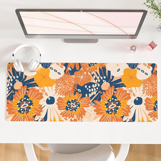 QiyI PU Leather Large Mouse Pad, Office Decor, 31.5" x 11.8", Orange Flower | Desk Décor Accessories, Extended Size, Waterproof & Easy to Clean, Smooth Surface, Non Slip Desk Organization by QIYI
