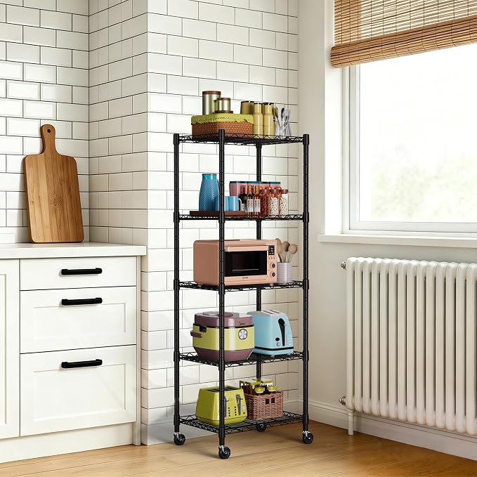 REGILLER 5-Wire Shelving Metal Storage Rack Adjustable Shelves,Standing Storage Shelf Units for Laundry Bathroom Kitchen Pantry Closet(Black,11.8" D x 16.6" W x 53.5" H,With Wheels) - Image 2