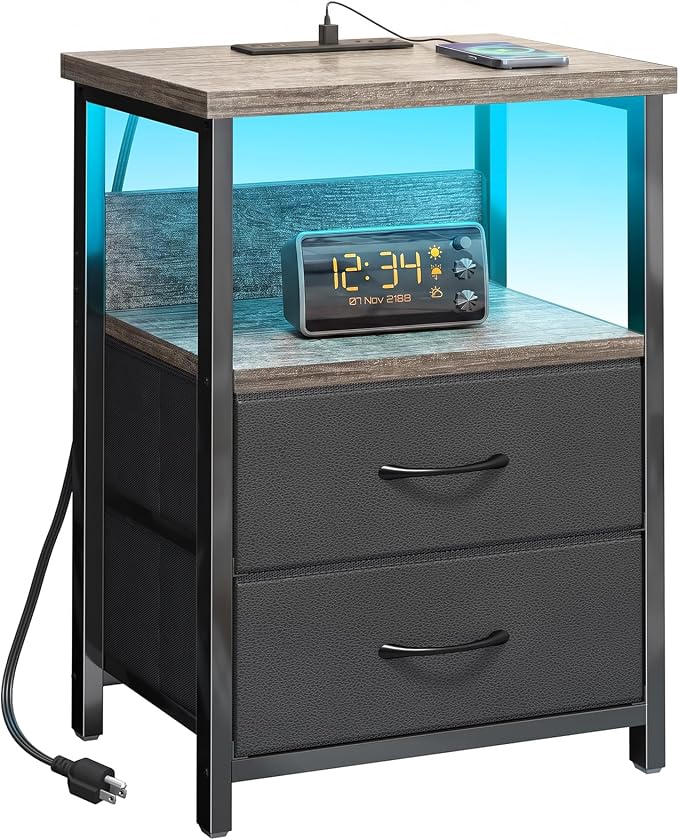 Fixwal Night Stand with Charging Station, Led Nightstand, 2 Fabric Drawers by Fixwal
