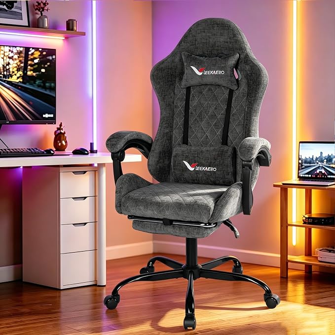 Fabric Gaming Chair for Adults, Ergonomic Computer Office Desk Chair with Footrest,Pocket Spring Cushion, Reclining High Back Silla Gamer for Home Office, Grey - Image 2