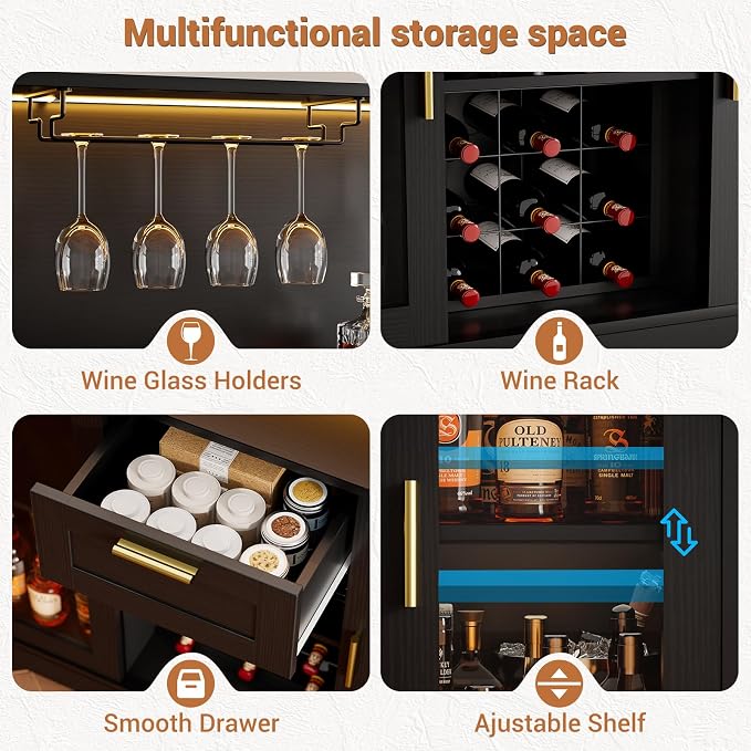Unikito Coffee Bar Cabinet with LED Light and Storage Hutch, Black - Image 5