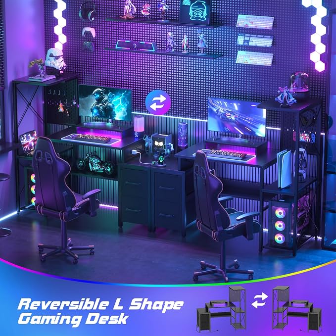 Small Gaming Desk with 2 Fabric Drawers - Reversible Computer Desk with Power Outlet & LED Lights, 49" Office Desk with Monitor Stand & Storage Shelves, Writing Study Table with Pegboard, Black - Image 3