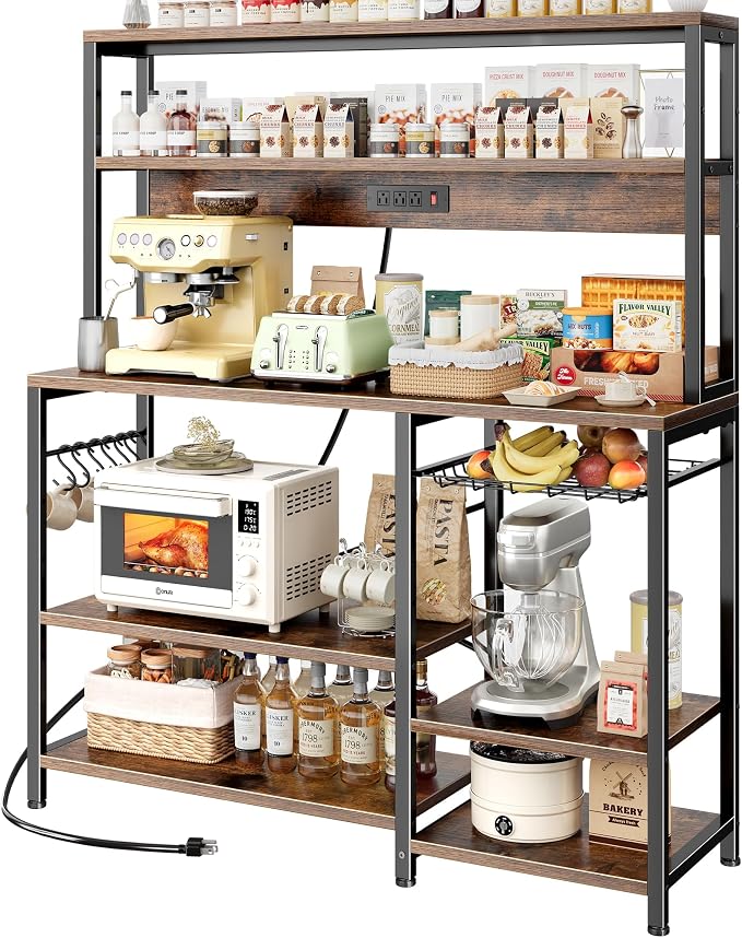 SUPERJARE Bakers Rack with Power Outlet, 47.2 Inches Coffee Bar with Basket by SUPERJARE