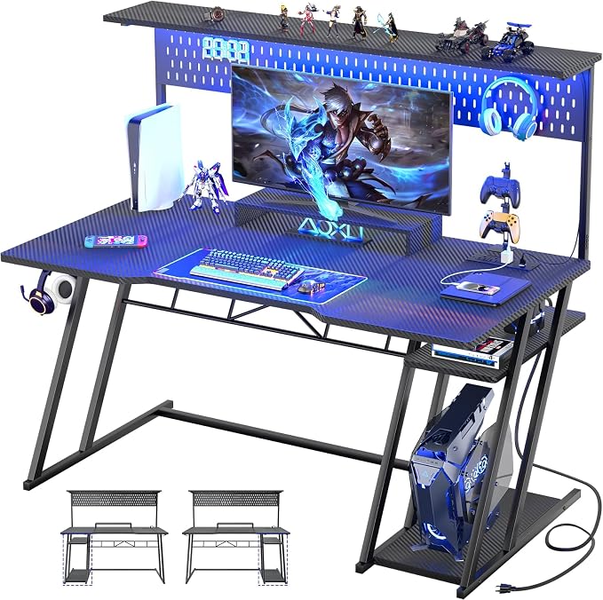 Armocity Gaming Computer Desk with Hutch and LED Lights, 53'' Black Gaming Desk with Storage Shelves, Reversible PC Gamer Desks with Pegboard, Ergonomic Desk for Bedroom, Carbon Fiber Surface by Armocity