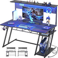 Armocity Gaming Computer Desk with Hutch and LED Lights, 53'' Black Gaming Desk with Storage Shelves, Reversible PC Gamer Desks with Pegboard, Ergonomic Desk for Bedroom, Carbon Fiber Surface by Armocity