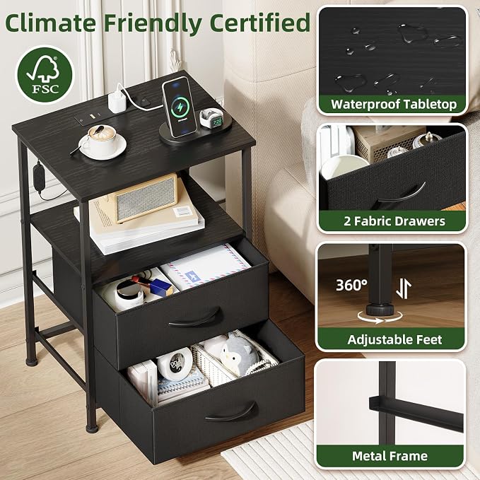 Somdot Nightstand with 2 Drawers, Charging Station & LED Light - Image 6