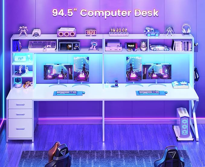 SEDETA Corner Gaming Computer Desk with Storage Drawers, Hutch, LED Lights | Convertible 94.5" Home Office Desk with Power Outlet, Pegboard, Large Desktop, Two Person Desk, White - Image 3