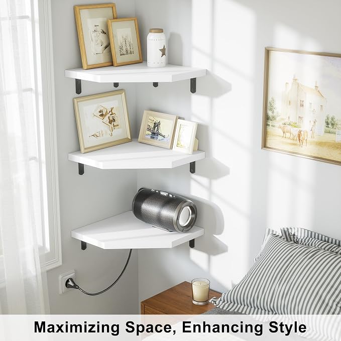 Alsonerbay Pine Wood Corner Shelves with Cable Cutout 3-Pack, White - Image 6